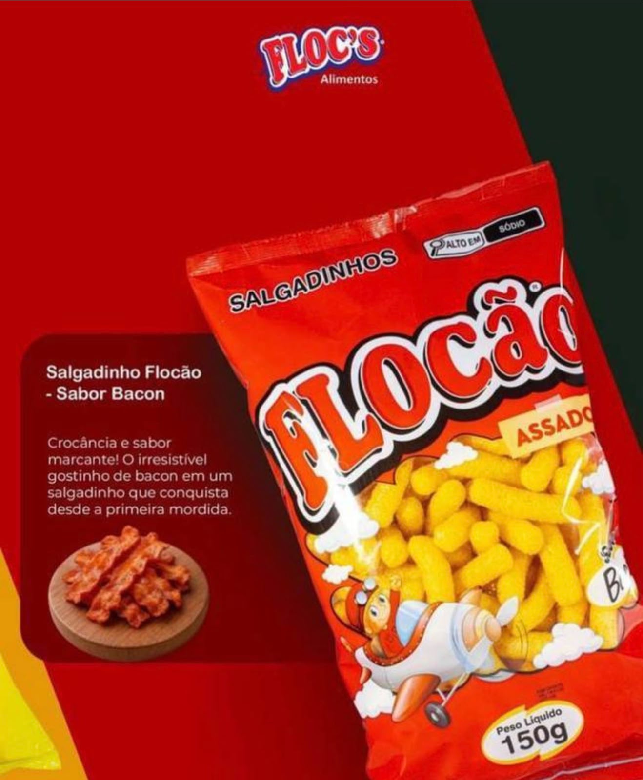 Floc's Flocão sabor Bacon – 150 g • Caixa com 10 unidades